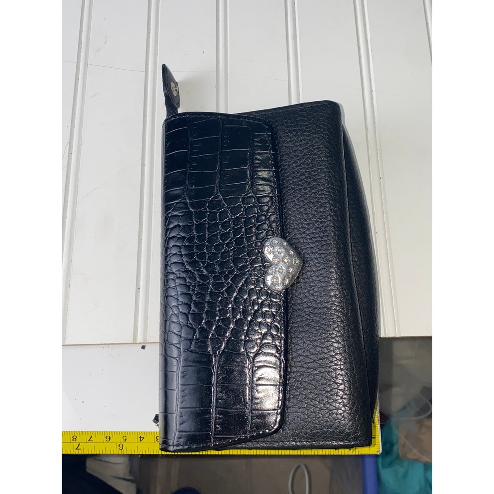 Brighton Black Leather Wallet Embossed‎ Heart Details Croc Flap Convertible - Picture 12 of 13